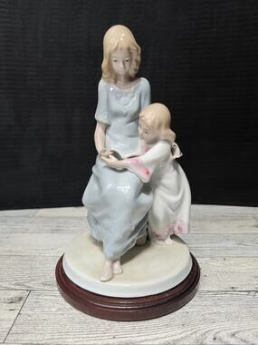 Vtg Meico Inc Porcelain Figurine of Mother & Daughter Reading a Book & Wood Base
